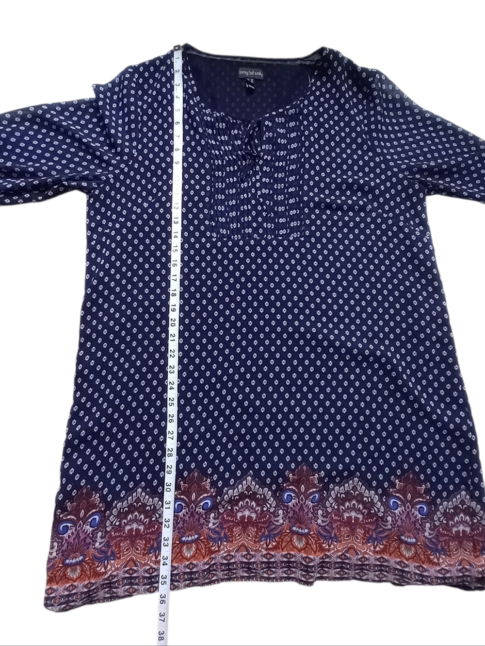 Long Tall Sally Boho Tunic Top Blue Size 16 Peasant Cottagecore Paisley Border - Picture 9 of 12
